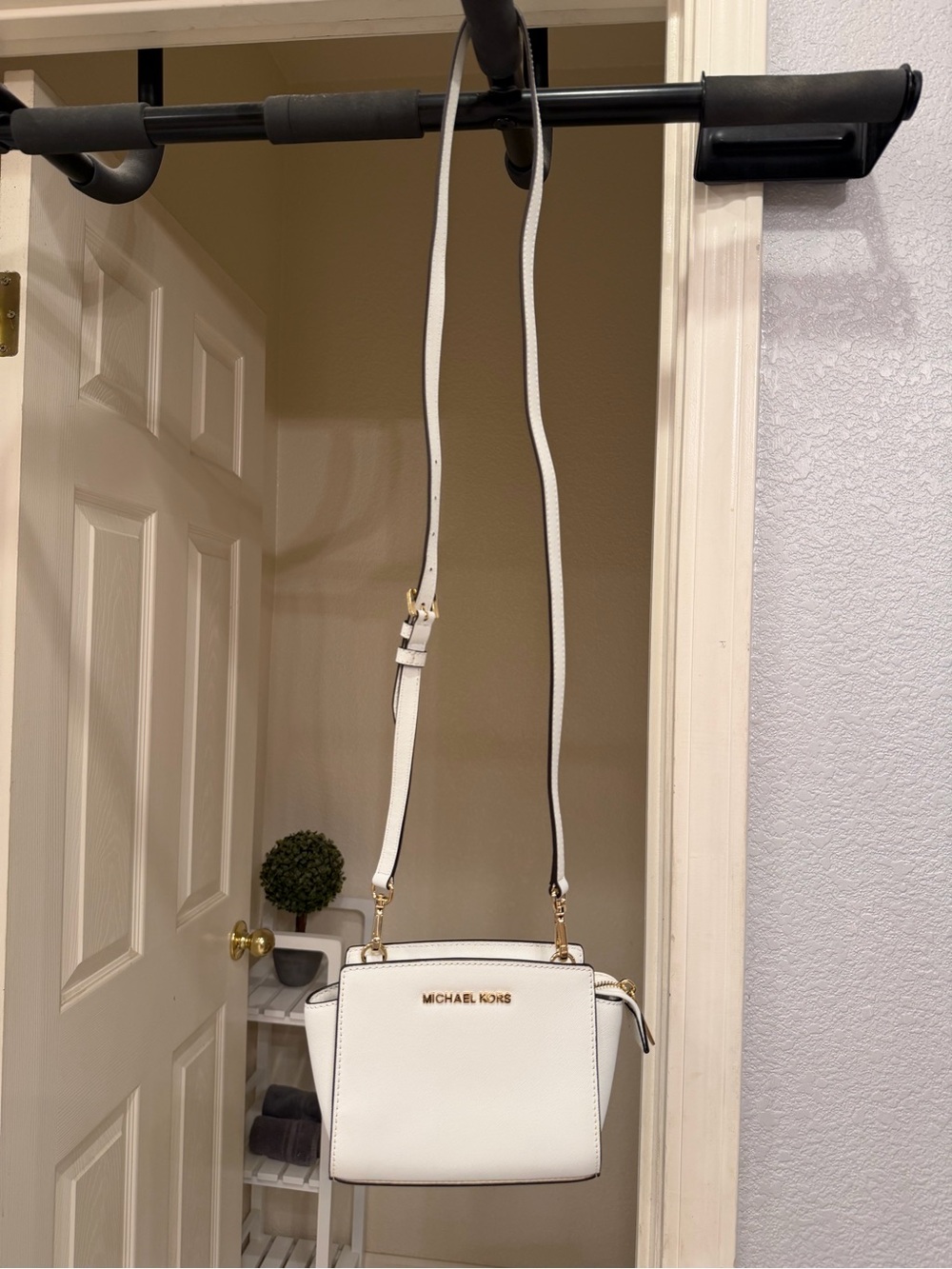 Michael Kors White Leather Crossbody Camera Bag with Gold Hardware